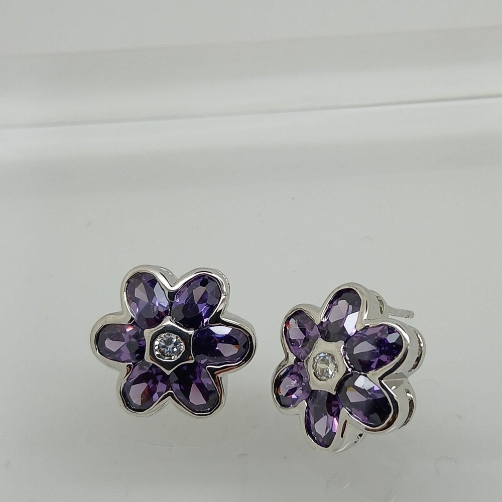Vintage 1990s Purple Flower Stud Earrings Cubic Zirconia Silver Tone Sim Diamond - Picture 11 of 17